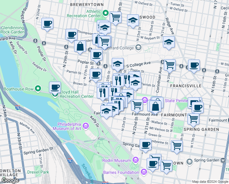 map of restaurants, bars, coffee shops, grocery stores, and more near in Philadelphia
