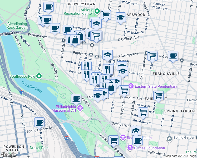 map of restaurants, bars, coffee shops, grocery stores, and more near 785 North 25th Street in Philadelphia