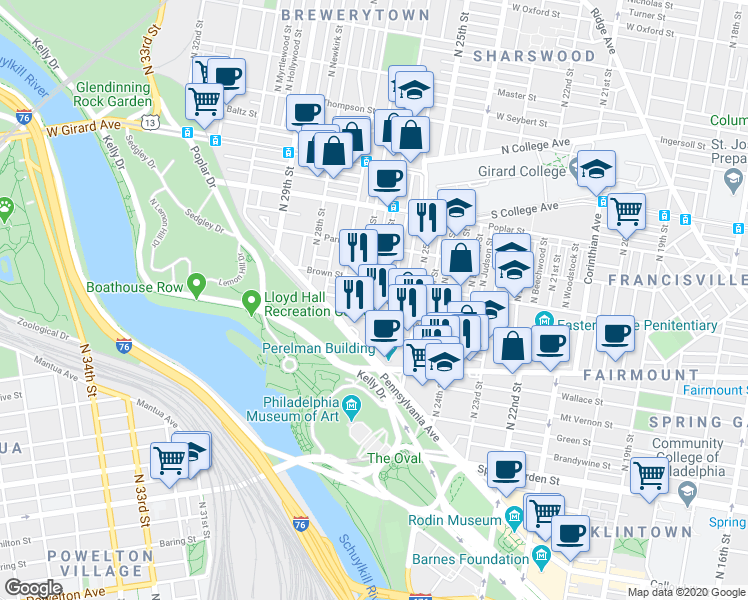 map of restaurants, bars, coffee shops, grocery stores, and more near 2601 Pennsylvania Avenue in Philadelphia