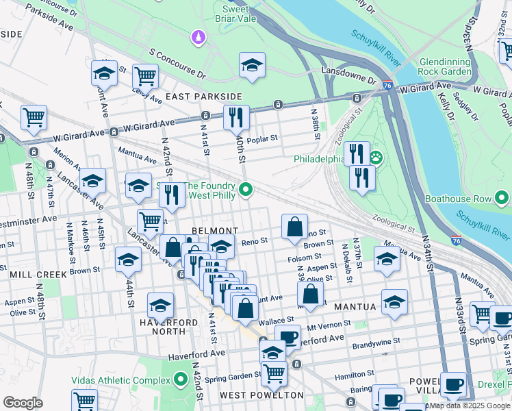 map of restaurants, bars, coffee shops, grocery stores, and more near 3955 Ogden Street in Philadelphia