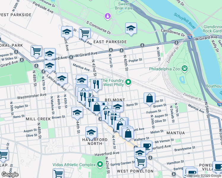 map of restaurants, bars, coffee shops, grocery stores, and more near 857 North 41st Street in Philadelphia