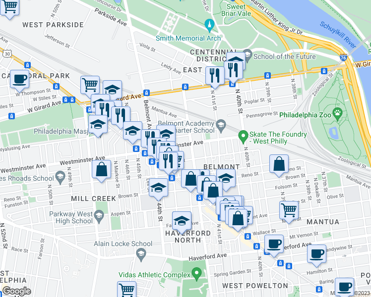 map of restaurants, bars, coffee shops, grocery stores, and more near 4213 Ogden Street in Philadelphia