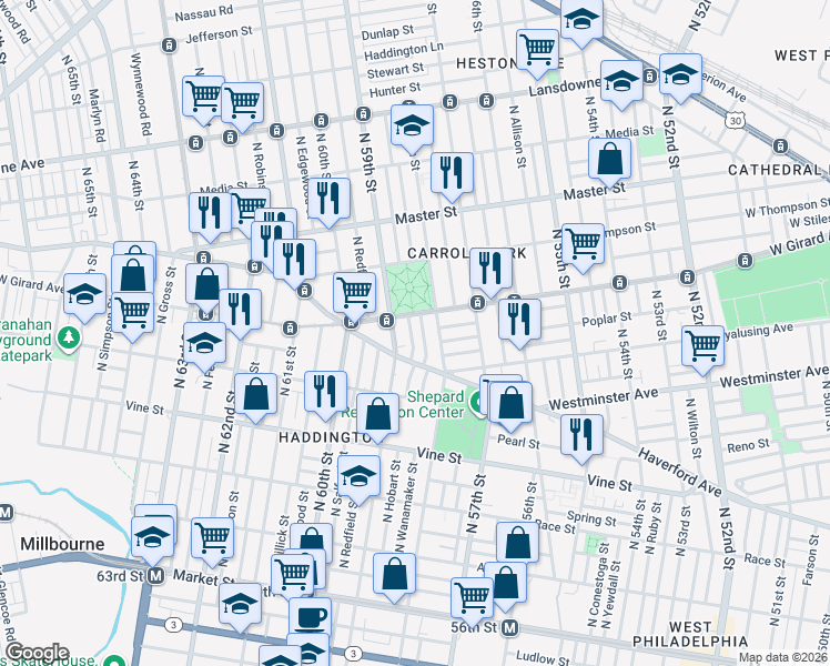 map of restaurants, bars, coffee shops, grocery stores, and more near 5839 Haverford Avenue in Philadelphia