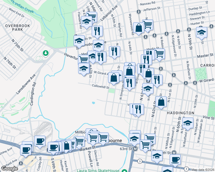 map of restaurants, bars, coffee shops, grocery stores, and more near 335 North Daggett Street in Philadelphia