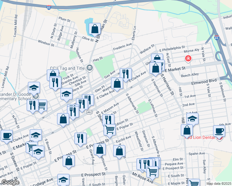 map of restaurants, bars, coffee shops, grocery stores, and more near 940 Pennsylvania 462 in York