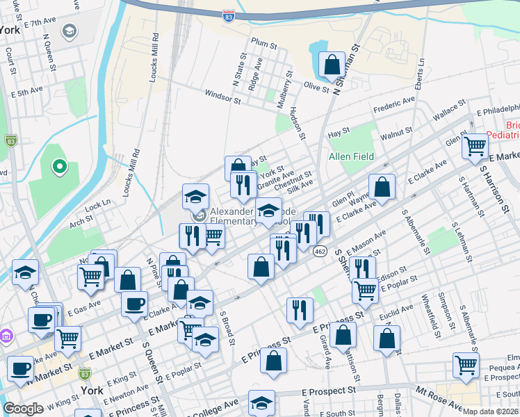 map of restaurants, bars, coffee shops, grocery stores, and more near 124 Ridge Avenue in York