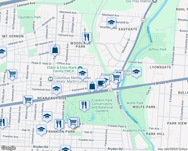 map of restaurants, bars, coffee shops, grocery stores, and more near 1750 East Long Street in Columbus