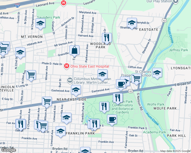 map of restaurants, bars, coffee shops, grocery stores, and more near 81 Woodland Avenue in Columbus