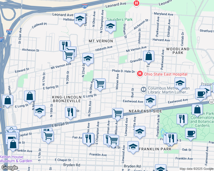 map of restaurants, bars, coffee shops, grocery stores, and more near 1240 East Long Street in Columbus