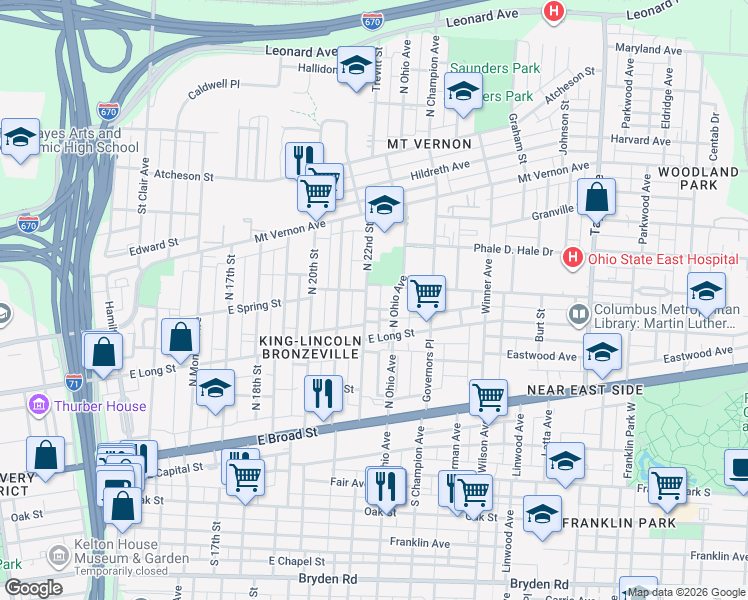 map of restaurants, bars, coffee shops, grocery stores, and more near 150 North 22nd Street in Columbus