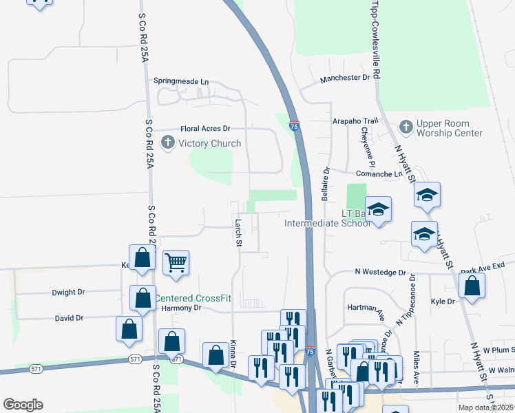 map of restaurants, bars, coffee shops, grocery stores, and more near 720 Larch Street in Tipp City