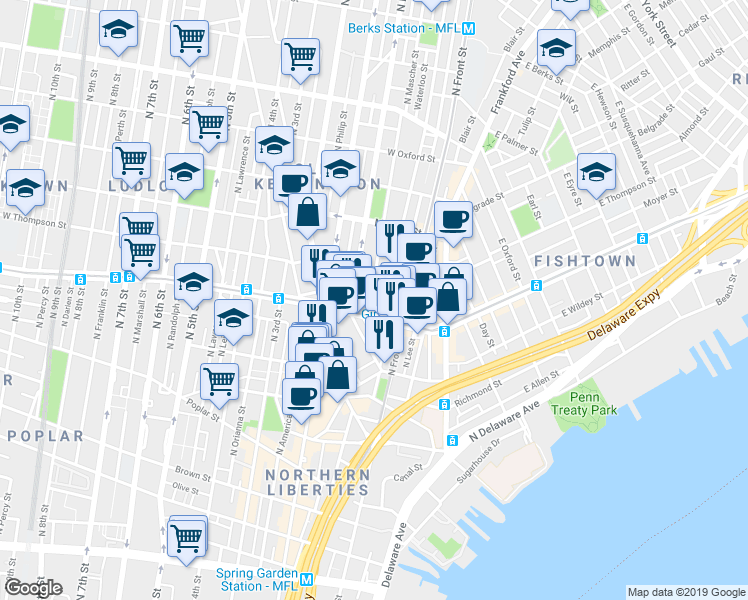 map of restaurants, bars, coffee shops, grocery stores, and more near 1217 North Mascher Street in Philadelphia