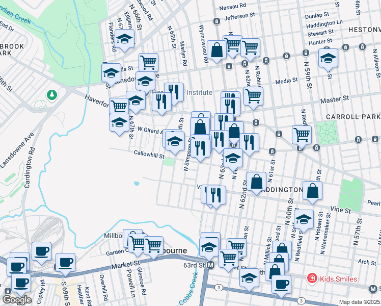 map of restaurants, bars, coffee shops, grocery stores, and more near 415 North Simpson Street in Philadelphia