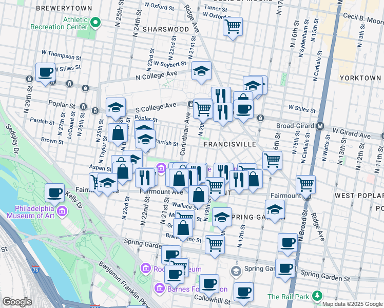 map of restaurants, bars, coffee shops, grocery stores, and more near 819 North Capitol Street in Philadelphia