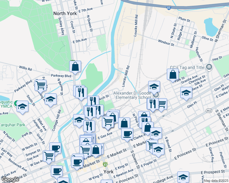 map of restaurants, bars, coffee shops, grocery stores, and more near 219 Arch Street in York