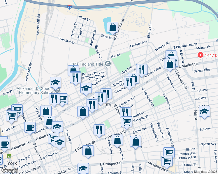 map of restaurants, bars, coffee shops, grocery stores, and more near 713-737 East Clarke Avenue in York