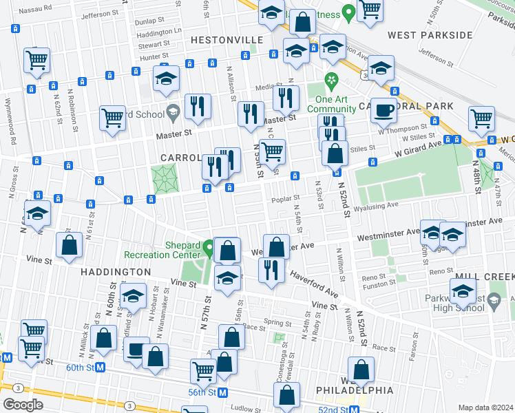 map of restaurants, bars, coffee shops, grocery stores, and more near 5514 Poplar Street in Philadelphia