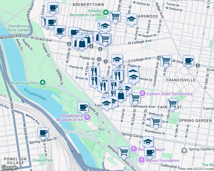 map of restaurants, bars, coffee shops, grocery stores, and more near 787 North 25th Street in Philadelphia