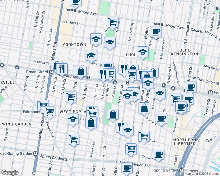 map of restaurants, bars, coffee shops, grocery stores, and more near 900-58 North 9th Street in Philadelphia