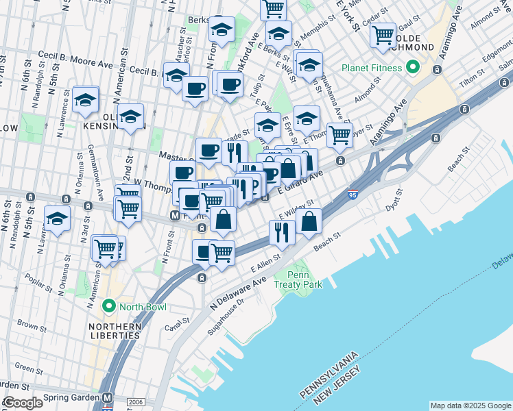 map of restaurants, bars, coffee shops, grocery stores, and more near 316 East Girard Avenue in Philadelphia