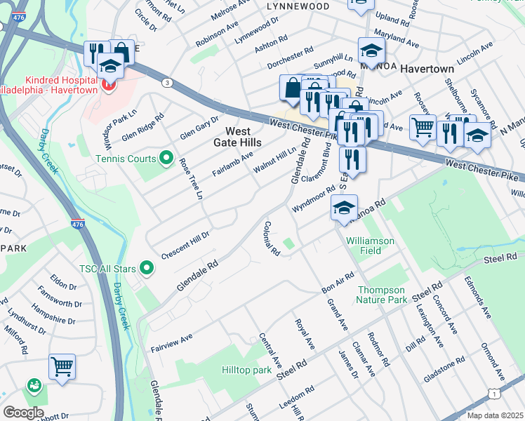 map of restaurants, bars, coffee shops, grocery stores, and more near 220 Glendale Road in Havertown
