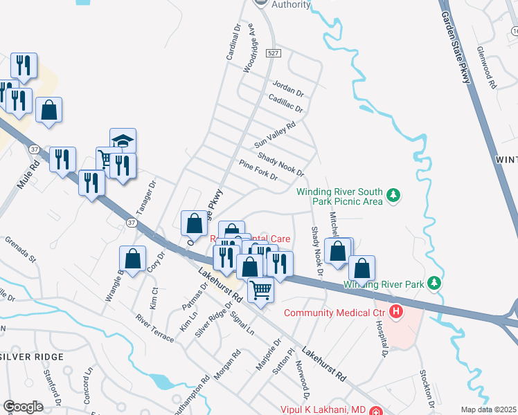 map of restaurants, bars, coffee shops, grocery stores, and more near 23 Cedarwood Drive in Toms River