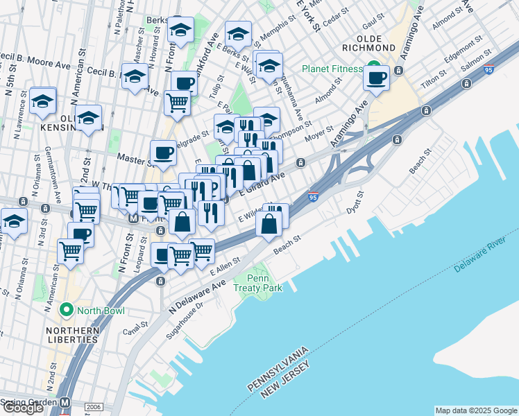 map of restaurants, bars, coffee shops, grocery stores, and more near 422 East Wildey Street in Philadelphia