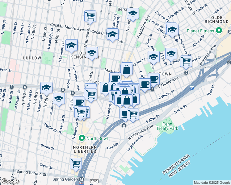 map of restaurants, bars, coffee shops, grocery stores, and more near 1231 North Front Street in Philadelphia