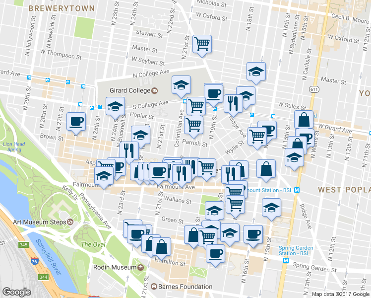 map of restaurants, bars, coffee shops, grocery stores, and more near 821 North Capitol Street in Philadelphia