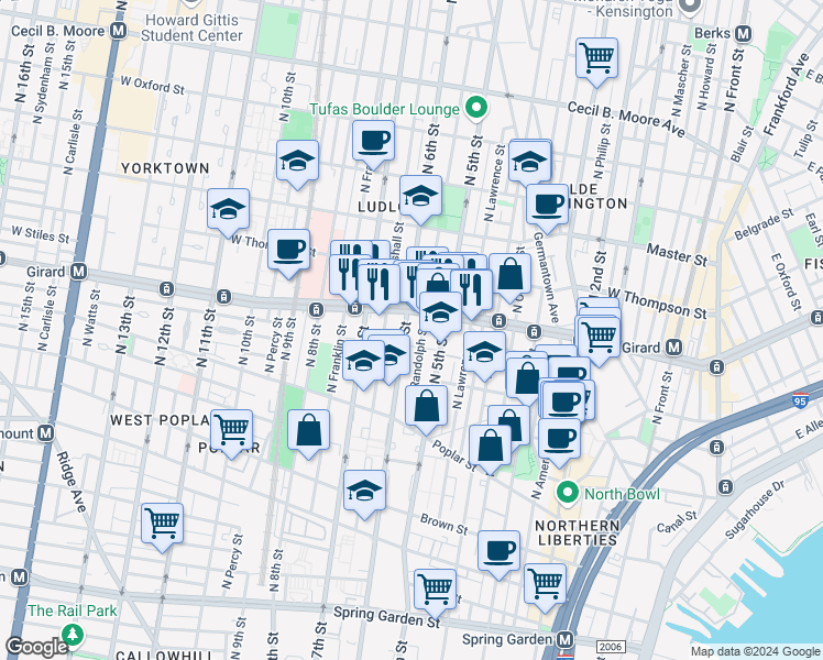 map of restaurants, bars, coffee shops, grocery stores, and more near 1001 North 6th Street in Philadelphia