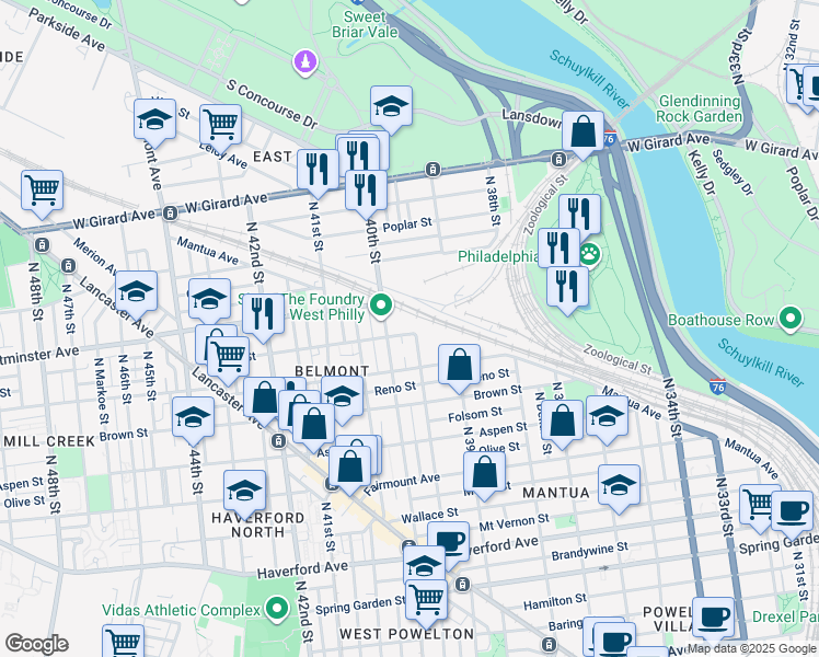 map of restaurants, bars, coffee shops, grocery stores, and more near 3945 Ogden Street in Philadelphia