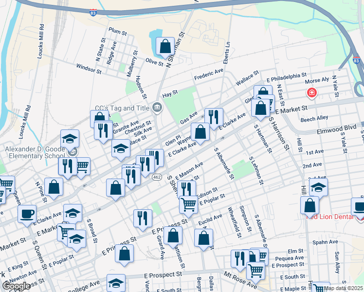map of restaurants, bars, coffee shops, grocery stores, and more near 852 Wayne Avenue in York