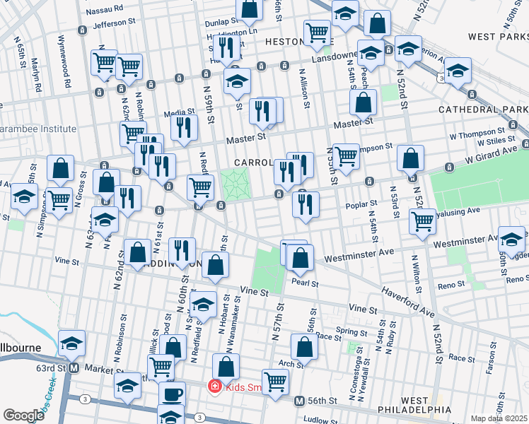 map of restaurants, bars, coffee shops, grocery stores, and more near 1201 North 58th Street in Philadelphia