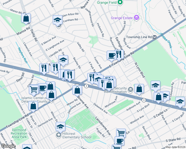 map of restaurants, bars, coffee shops, grocery stores, and more near 219 East Park Road in Havertown