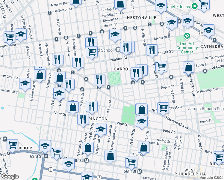 map of restaurants, bars, coffee shops, grocery stores, and more near 531 North 59th Street in Philadelphia