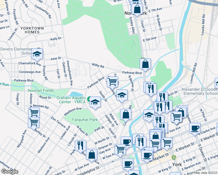 map of restaurants, bars, coffee shops, grocery stores, and more near 612 North Pershing Avenue in York