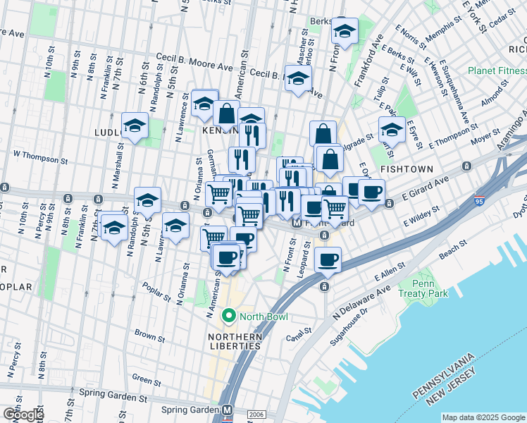 map of restaurants, bars, coffee shops, grocery stores, and more near 1233 North Hancock Street in Philadelphia