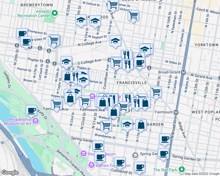 map of restaurants, bars, coffee shops, grocery stores, and more near 821 North Capitol Street in Philadelphia