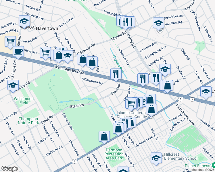map of restaurants, bars, coffee shops, grocery stores, and more near 459 Olympic Avenue in Havertown