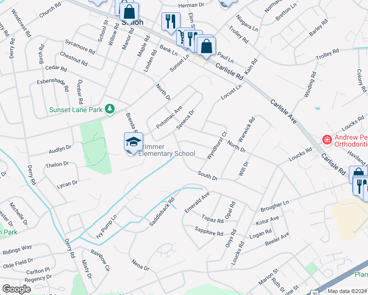 map of restaurants, bars, coffee shops, grocery stores, and more near 1921 South Dr in York