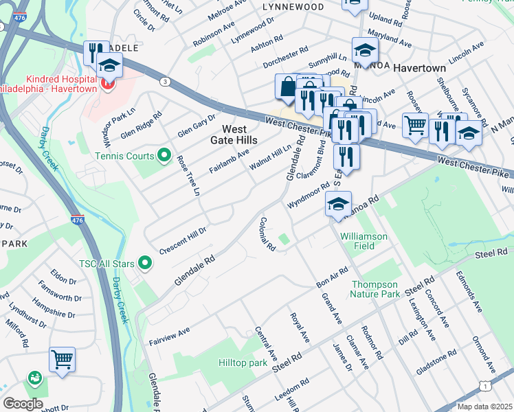 map of restaurants, bars, coffee shops, grocery stores, and more near 220 Glendale Road in Havertown