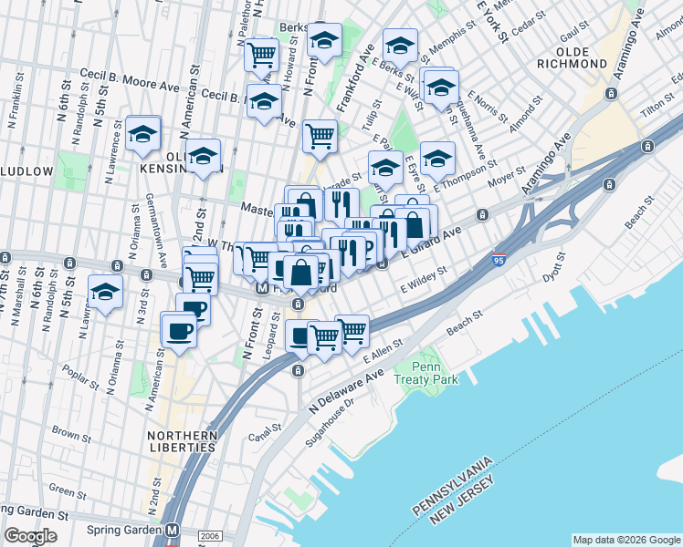 map of restaurants, bars, coffee shops, grocery stores, and more near 1223 Marlborough Street in Philadelphia