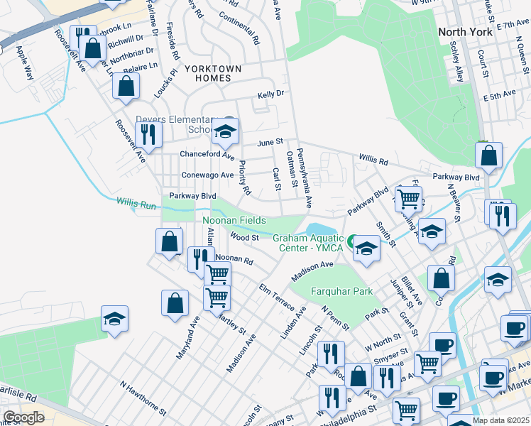 map of restaurants, bars, coffee shops, grocery stores, and more near 747 Parkway Boulevard in York