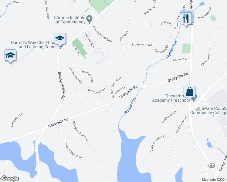 map of restaurants, bars, coffee shops, grocery stores, and more near 1 Laurel Lane in Newtown Square