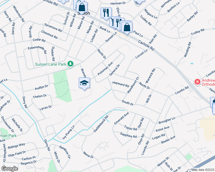 map of restaurants, bars, coffee shops, grocery stores, and more near 1940 South Drive in York