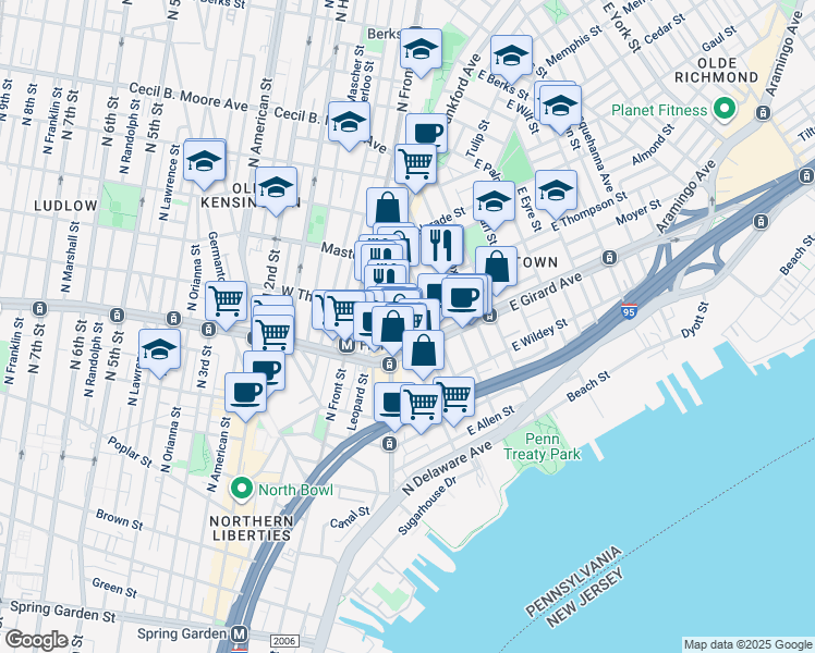 map of restaurants, bars, coffee shops, grocery stores, and more near 1221 Shackamaxon Street in Philadelphia