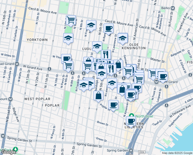 map of restaurants, bars, coffee shops, grocery stores, and more near 1014 North Randolph Street in Philadelphia