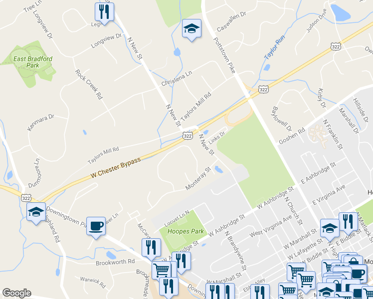 map of restaurants, bars, coffee shops, grocery stores, and more near 936 Garlington Circle in West Chester