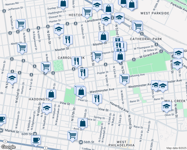 map of restaurants, bars, coffee shops, grocery stores, and more near 5508 West Girard Avenue in Philadelphia