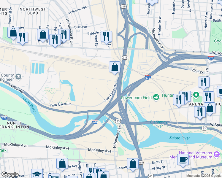 map of restaurants, bars, coffee shops, grocery stores, and more near 770 Twin Rivers Drive in Columbus
